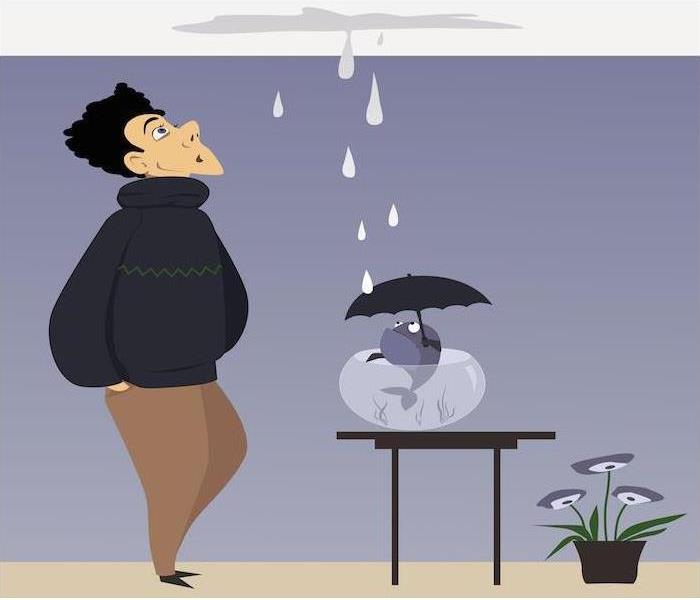 Animated pic of man with a ceiling leaking in to fish bowl