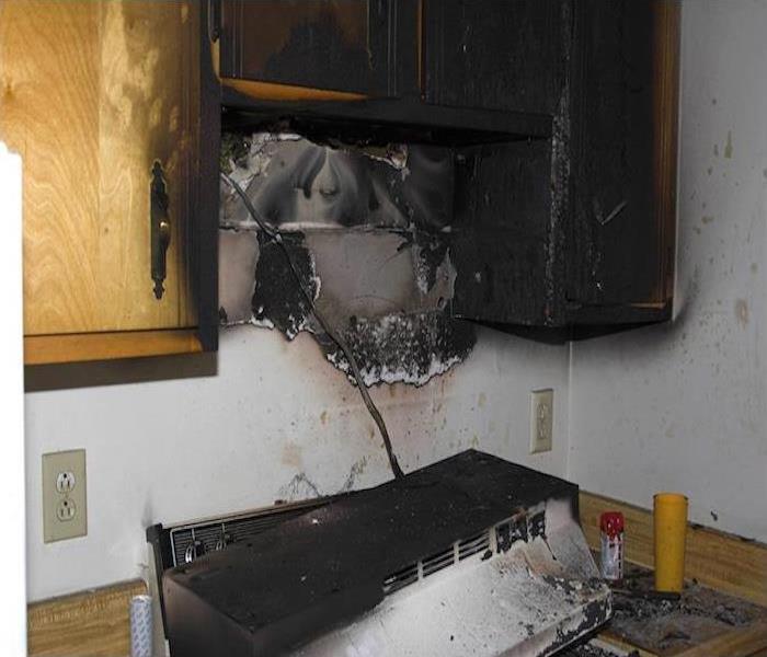 Wall, cabinet, ceiling damage from a fire from a microwave.